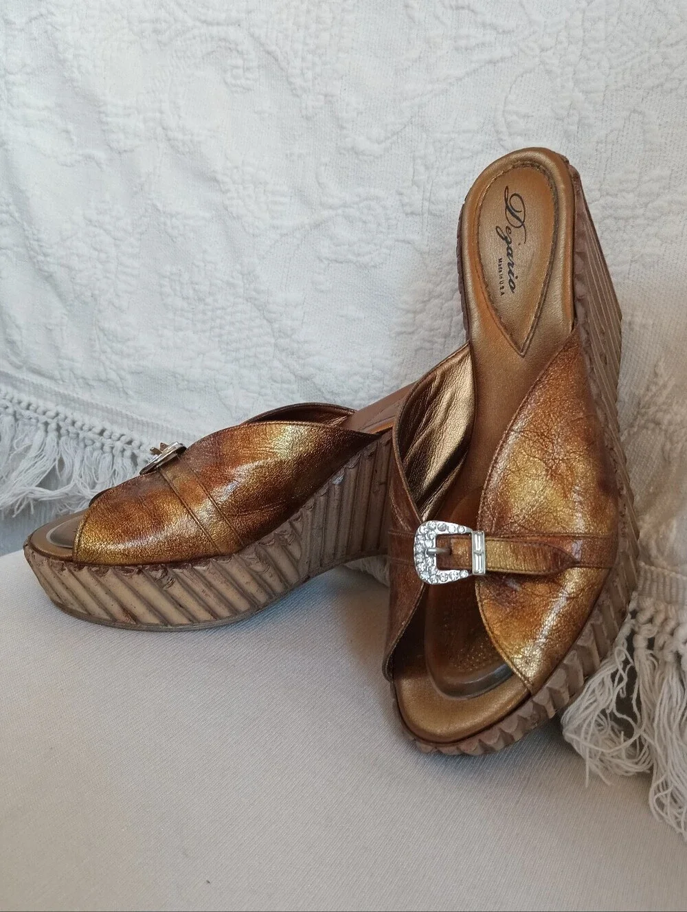 Dezario Bronze Metallic Wedge Slides Rhinestone Buckle Bamboo Gold Platform Heel